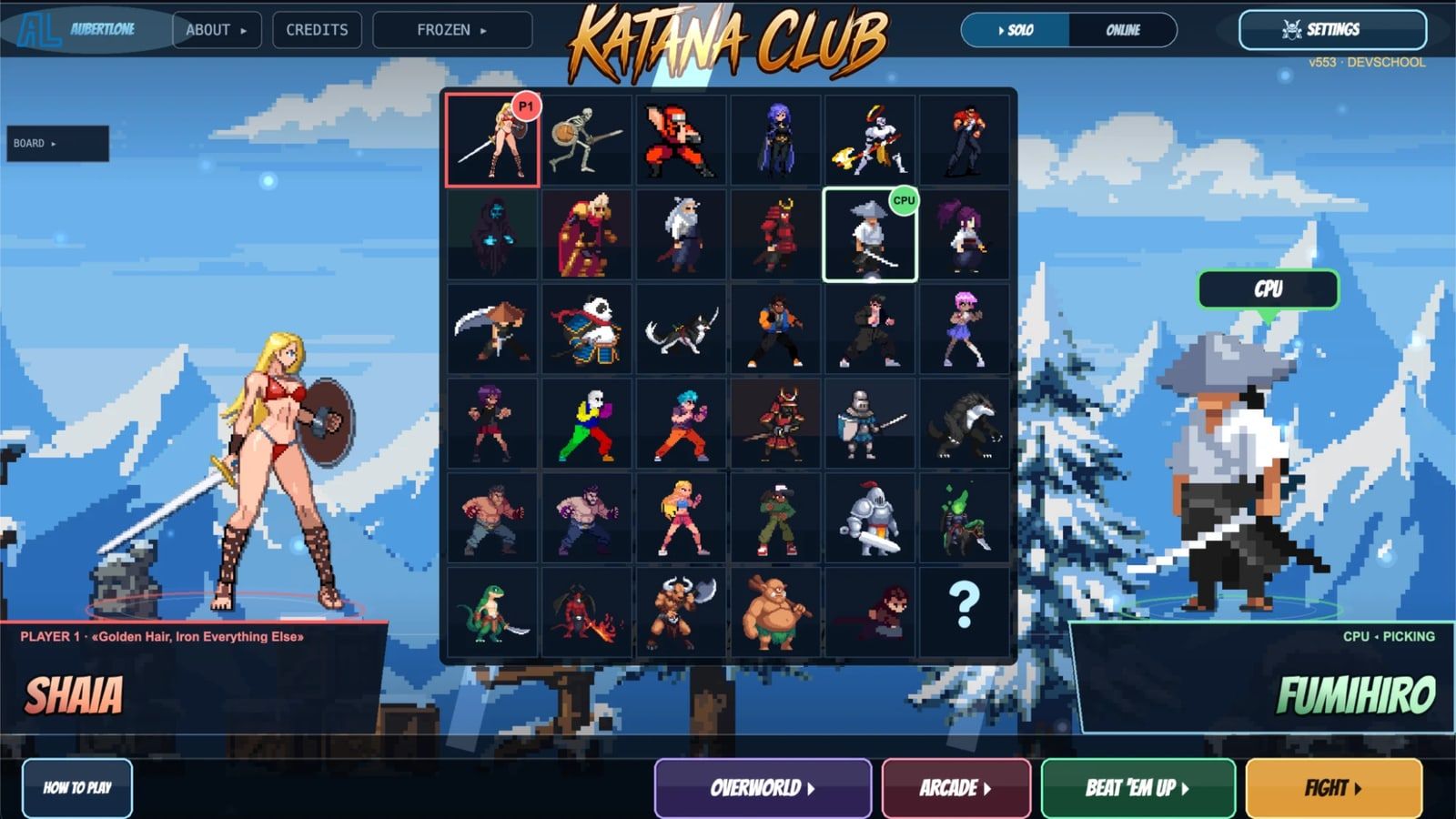 Katana Club character select: a grid of thirty-plus pixel-art fighters over a snowy mountain stage, Shaia chosen for player one and Fumihiro for the CPU