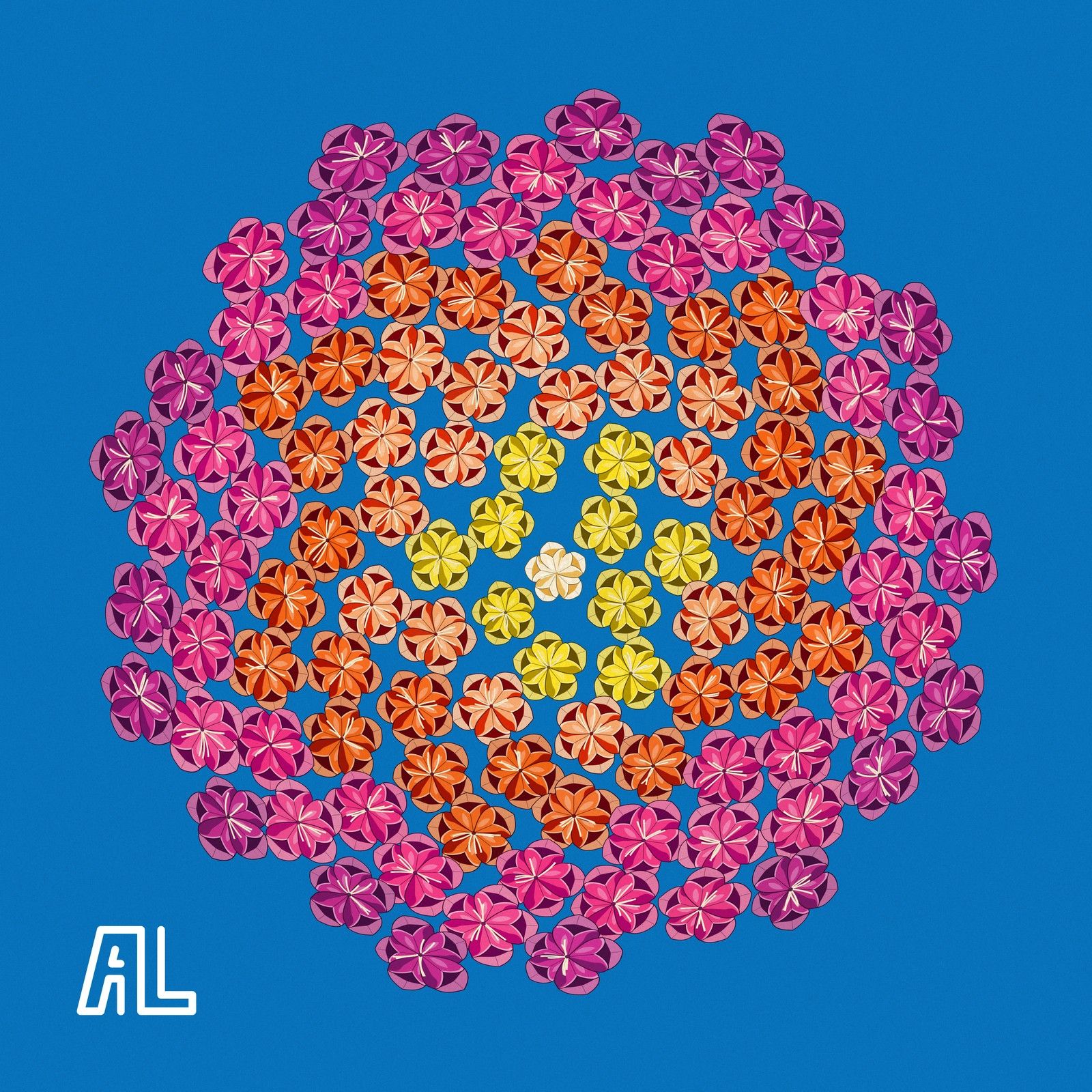 Sol Mara cover: a spiral head of pink, orange and yellow paper flowers on blue